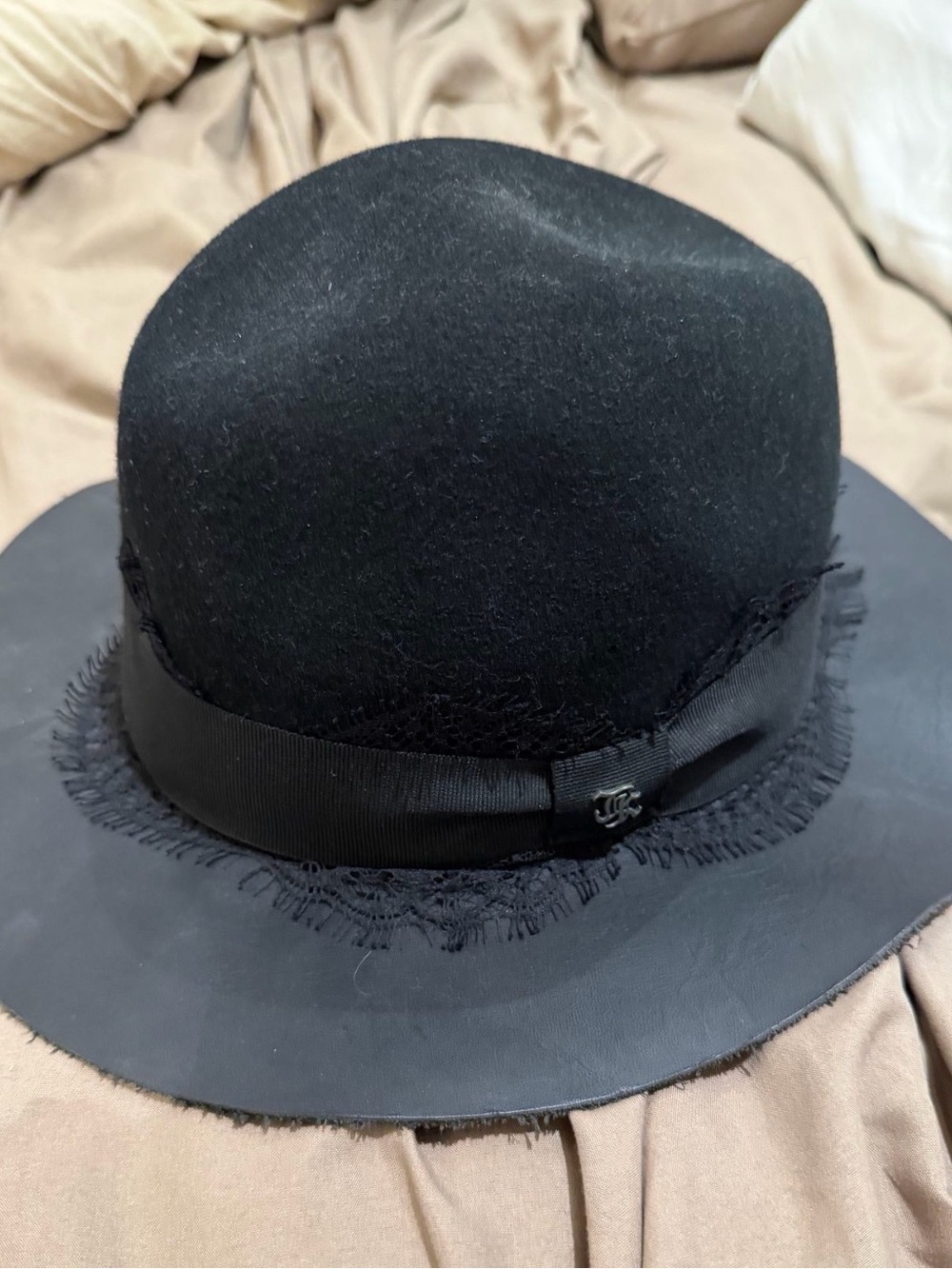 The Kooples Black Wide-Brim Felt Hat with Ribbon Band